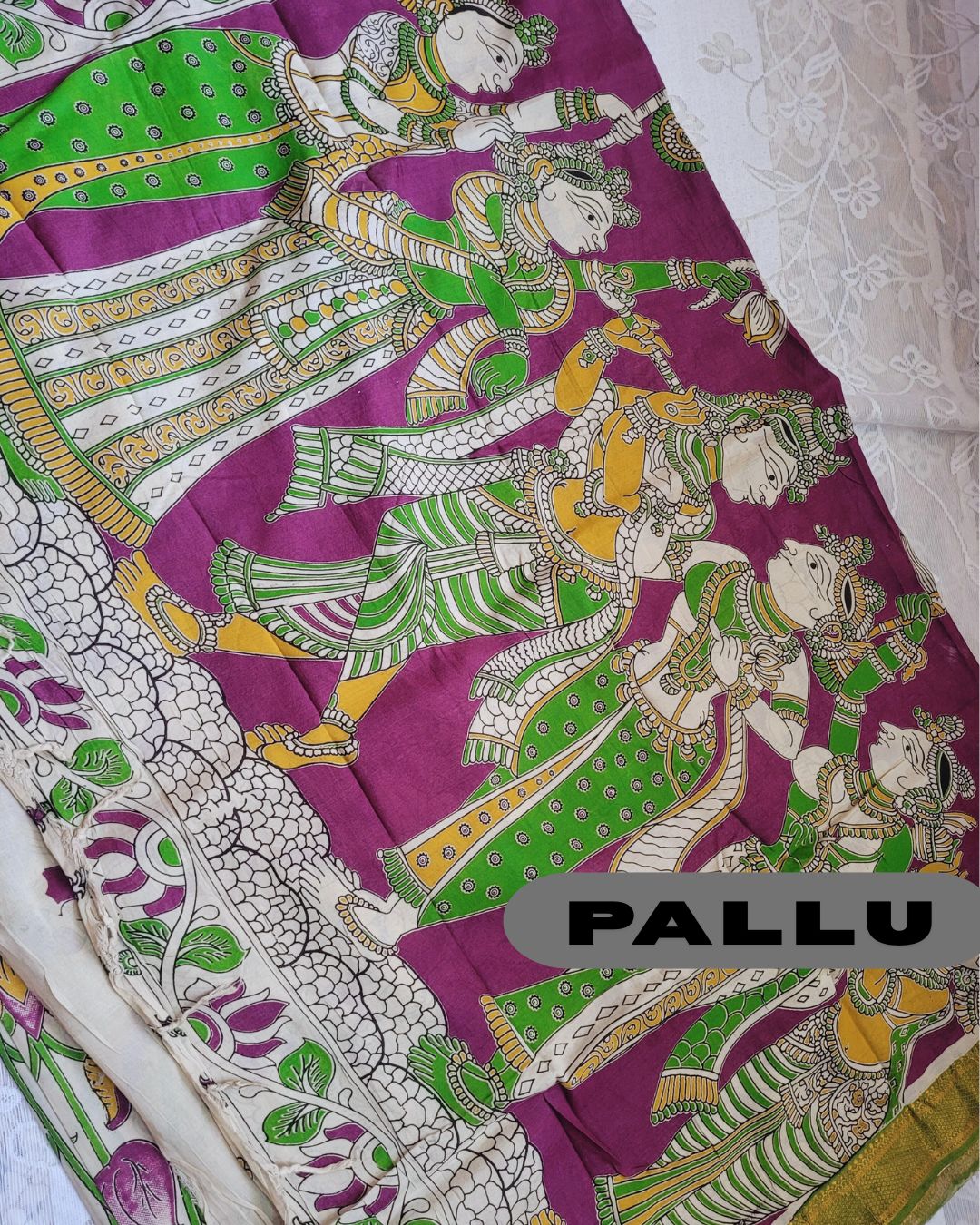 Kalamkari Nizam Border Bright Green Lotus Printed Saree - Florescent Green