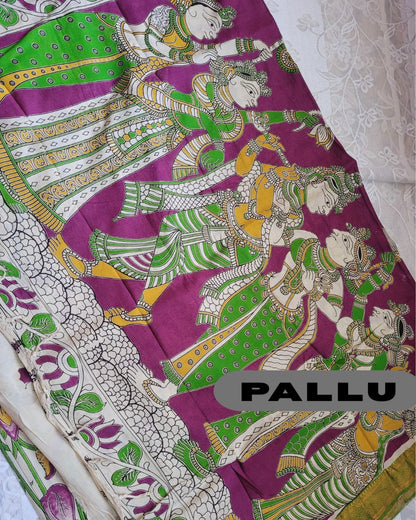Kalamkari Nizam Border Bright Green Lotus Printed Saree - Florescent Green