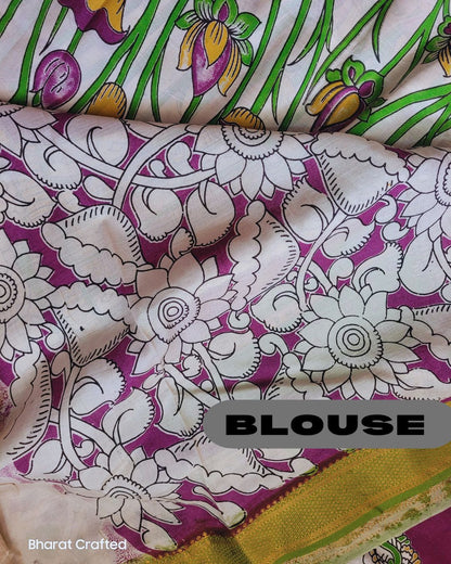 Kalamkari Nizam Border Bright Green Lotus Printed Saree - Florescent Green