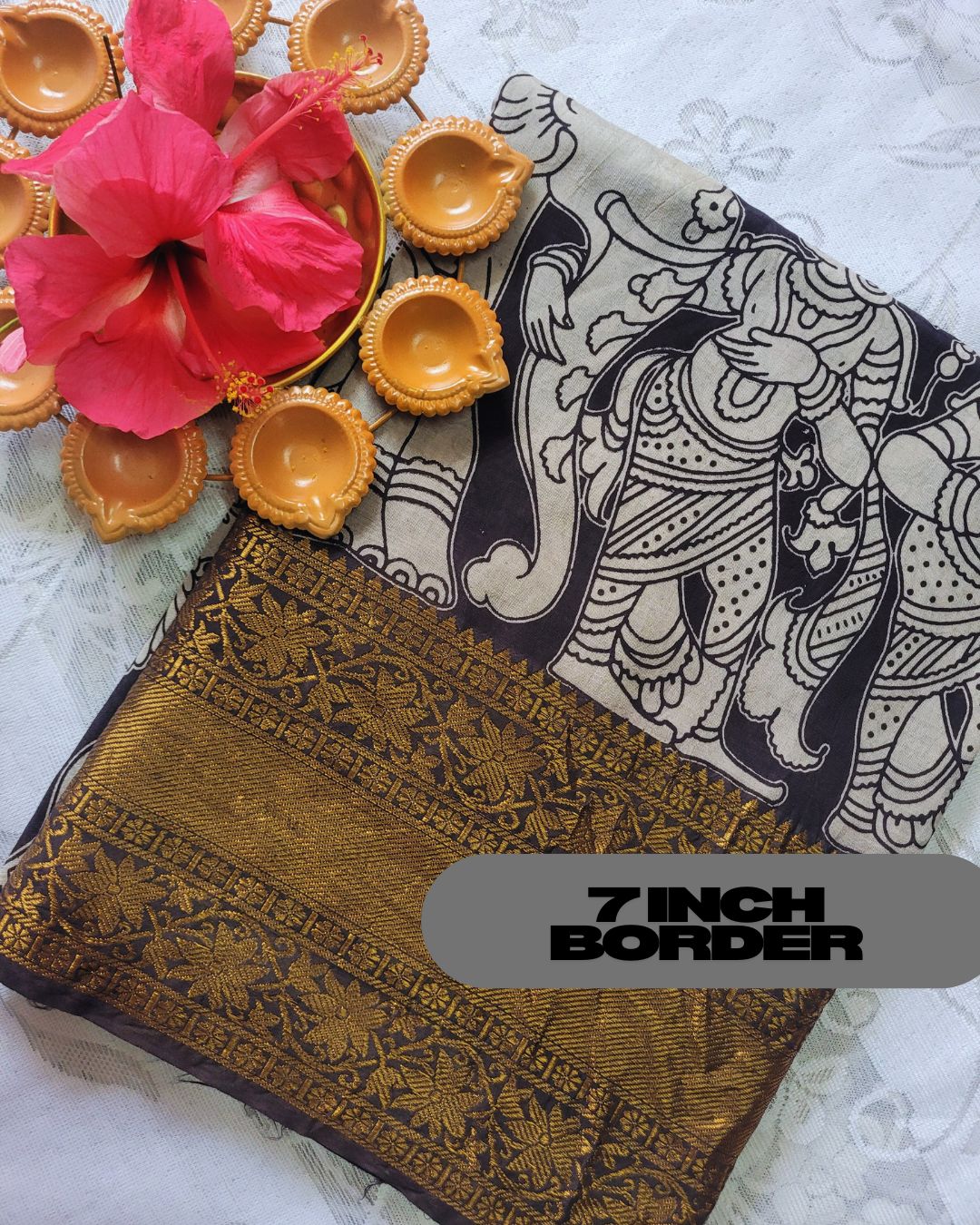 Kalamkari Chennur silk 7 Inch Kanchi border saree - Black Gatha