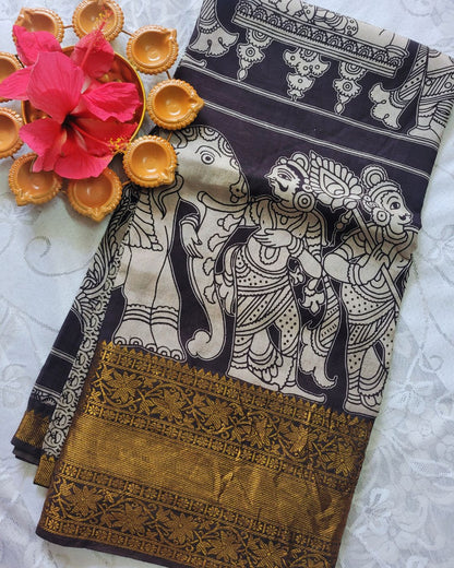 Kalamkari Chennur silk 7 Inch Kanchi border saree - Black Gatha