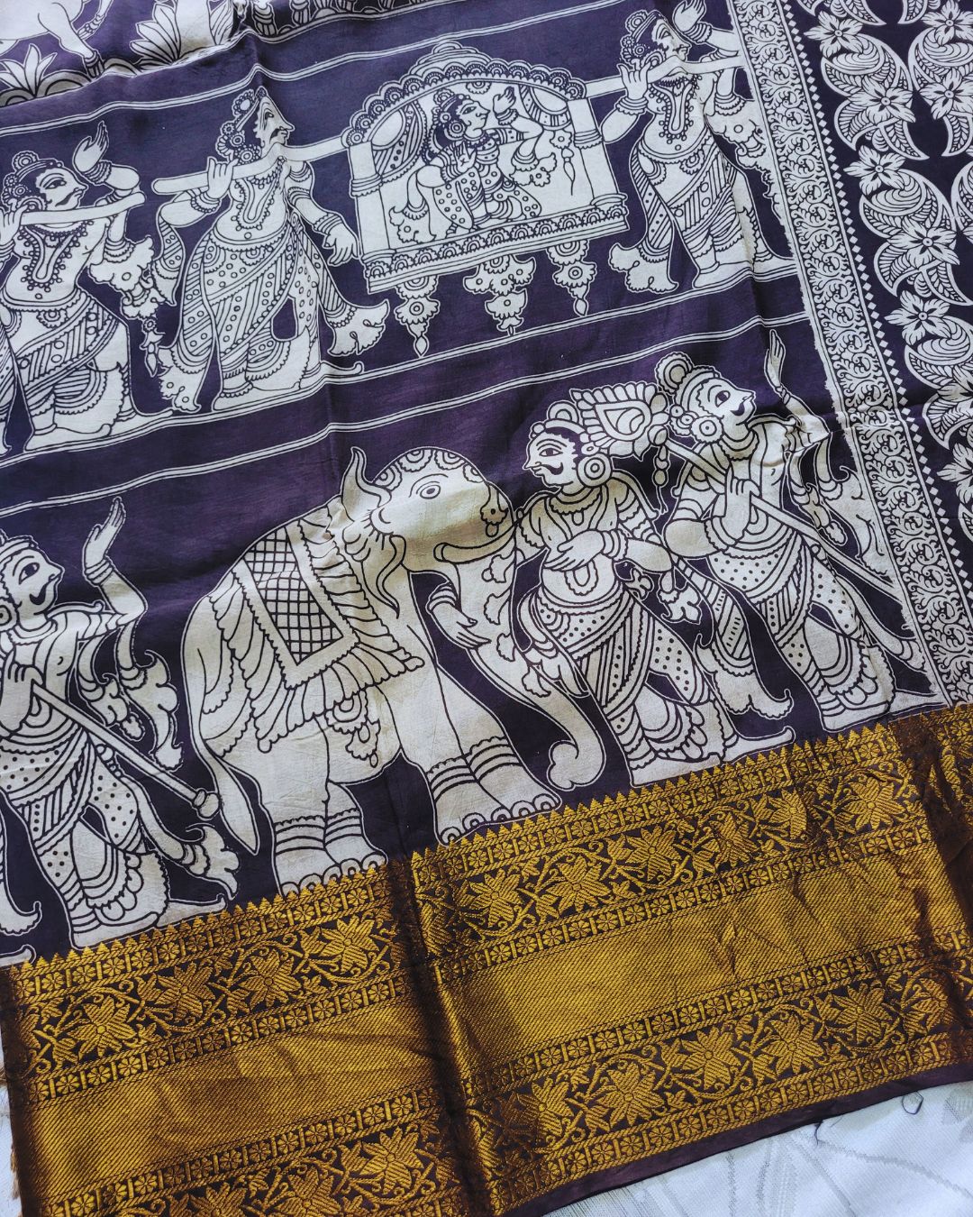 Kalamkari Chennur silk 7 Inch Kanchi border saree - Black Gatha