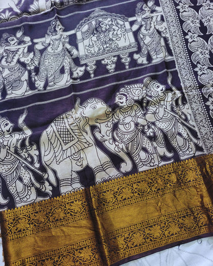 Kalamkari Chennur silk 7 Inch Kanchi border saree - Black Gatha