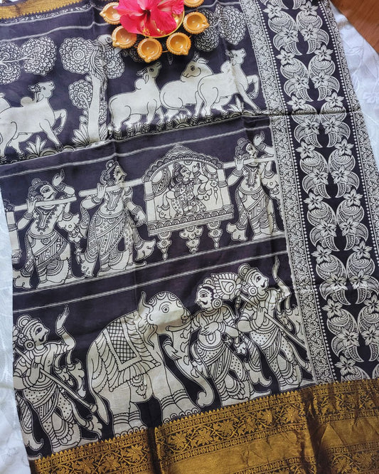 Kalamkari Chennur silk 7 Inch Kanchi border saree - Black Gatha