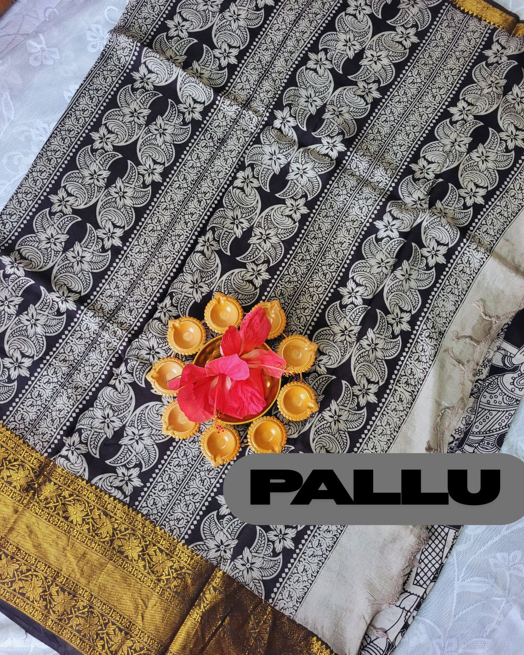 Kalamkari Chennur silk 7 Inch Kanchi border saree - Black Gatha