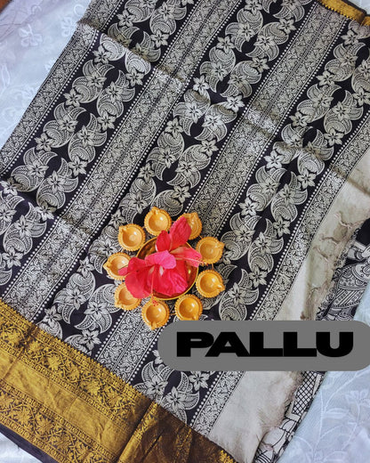 Kalamkari Chennur silk 7 Inch Kanchi border saree - Black Gatha