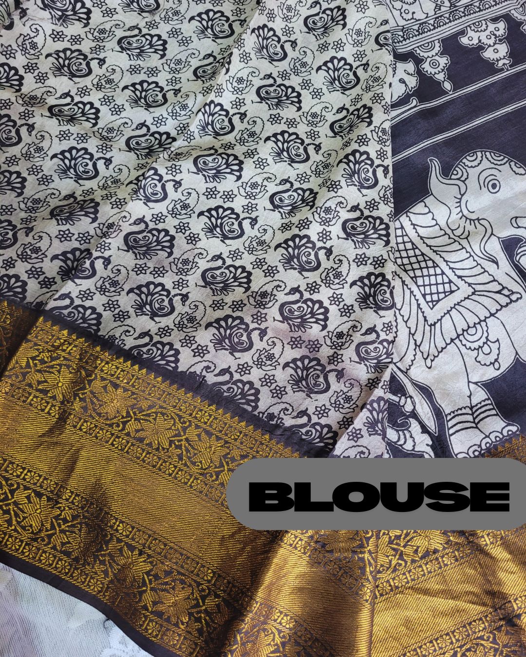 Kalamkari Chennur silk 7 Inch Kanchi border saree - Black Gatha