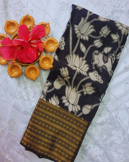 Kalamkari Chennur silk 7 Inch Kanchi border saree - Black Pichwai