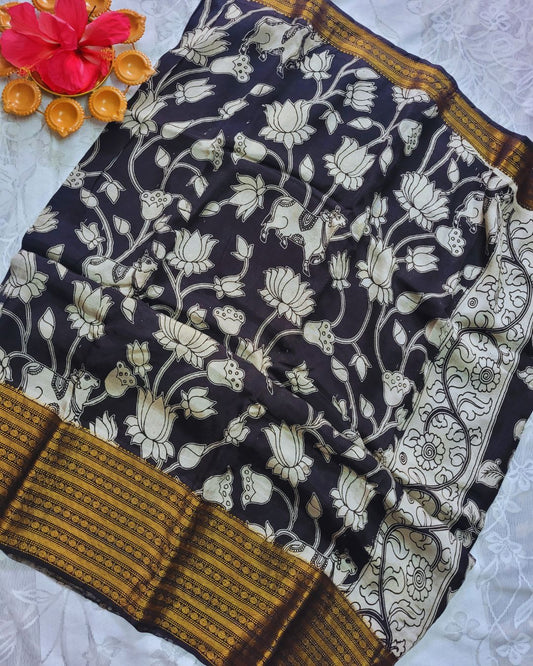 Kalamkari Chennur silk 7 Inch Kanchi border saree - Black Pichwai
