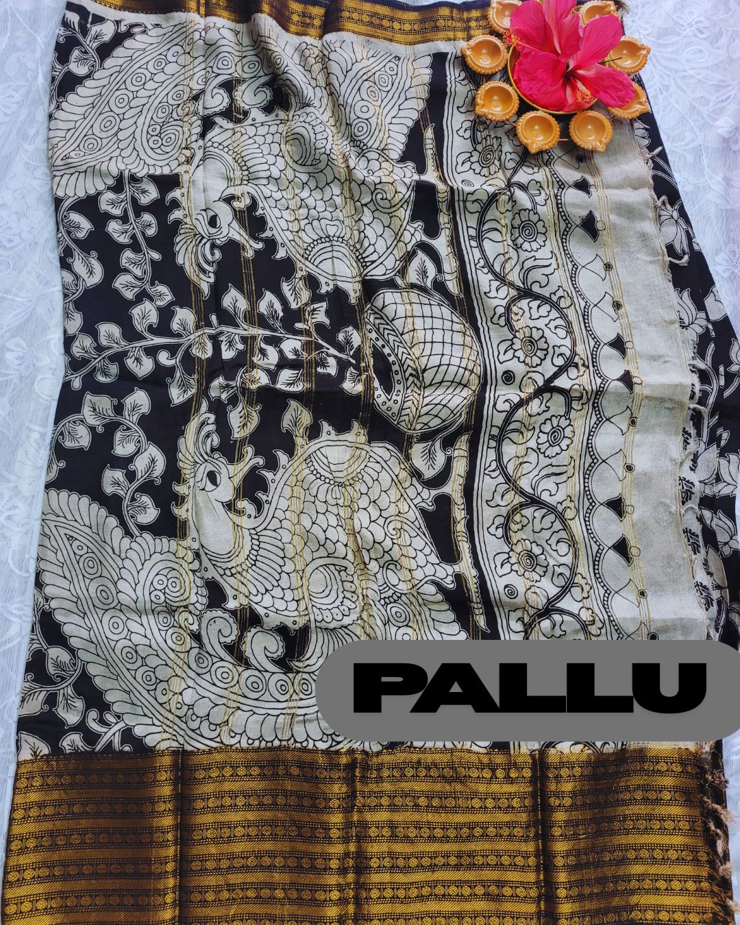 Kalamkari Chennur silk 7 Inch Kanchi border saree - Black Pichwai