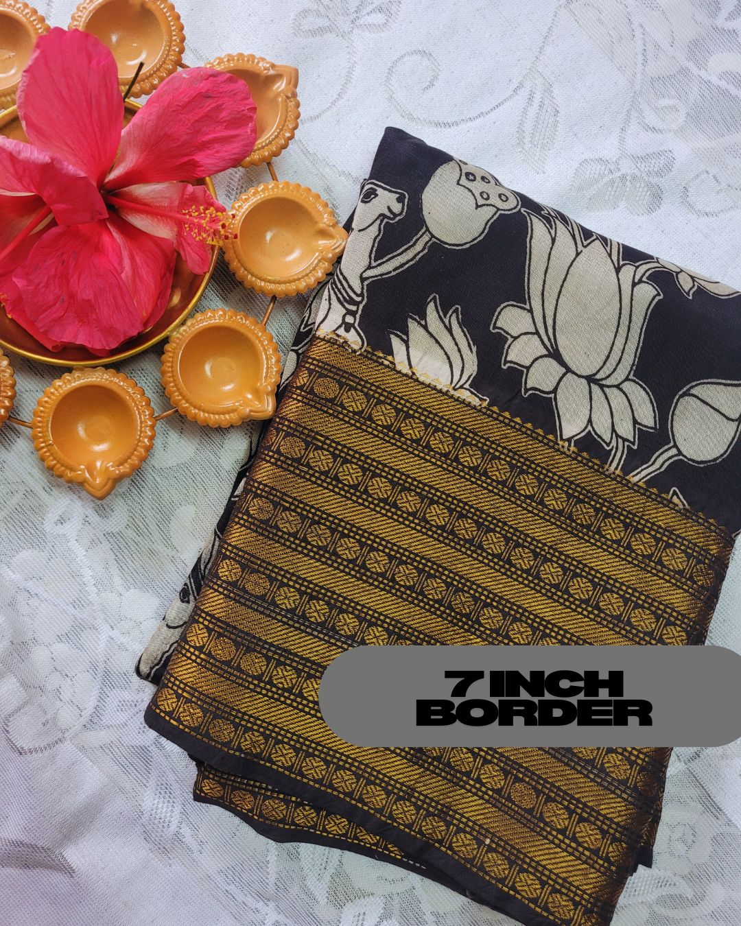 Kalamkari Chennur silk 7 Inch Kanchi border saree - Black Pichwai