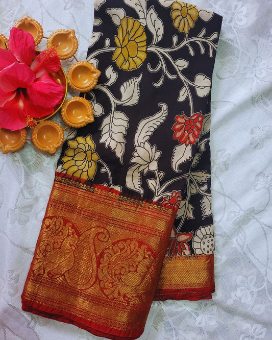 Kalamkari Chennur silk 7 Inch Kanchi border saree - Black and Red