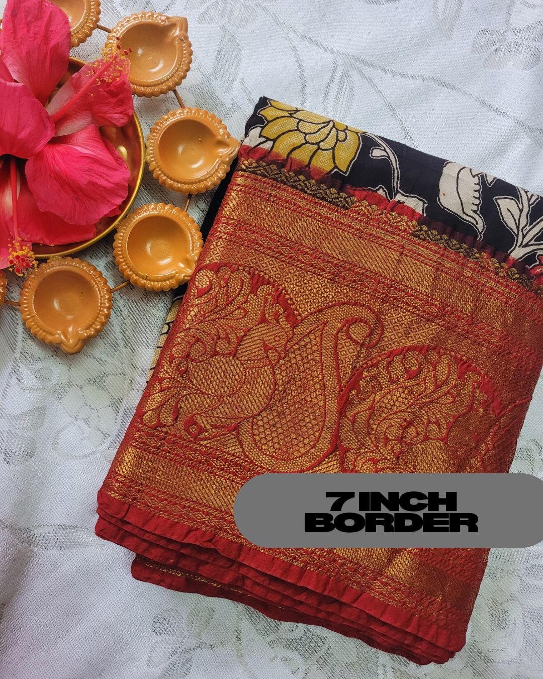 Kalamkari Chennur silk 7 Inch Kanchi border saree - Black and Red