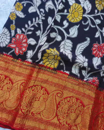 Kalamkari Chennur silk 7 Inch Kanchi border saree - Black and Red