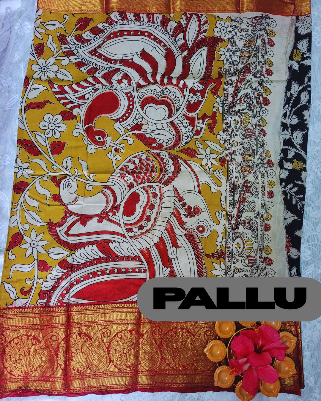 Kalamkari Chennur silk 7 Inch Kanchi border saree - Black and Red