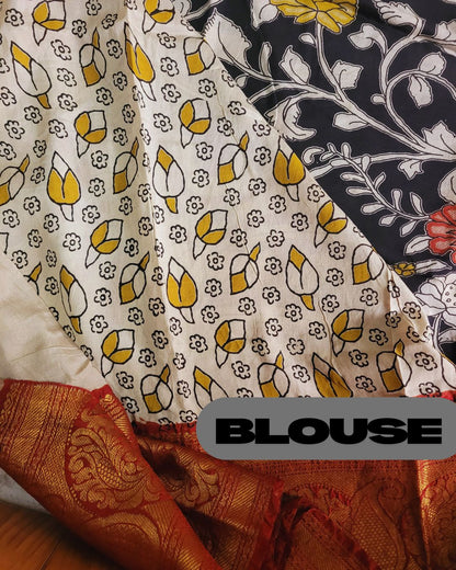 Kalamkari Chennur silk 7 Inch Kanchi border saree - Black and Red