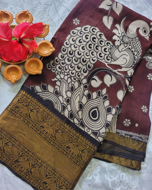 Kalamkari Chennur silk 7 Inch Kanchi border saree - Coffee Peacock