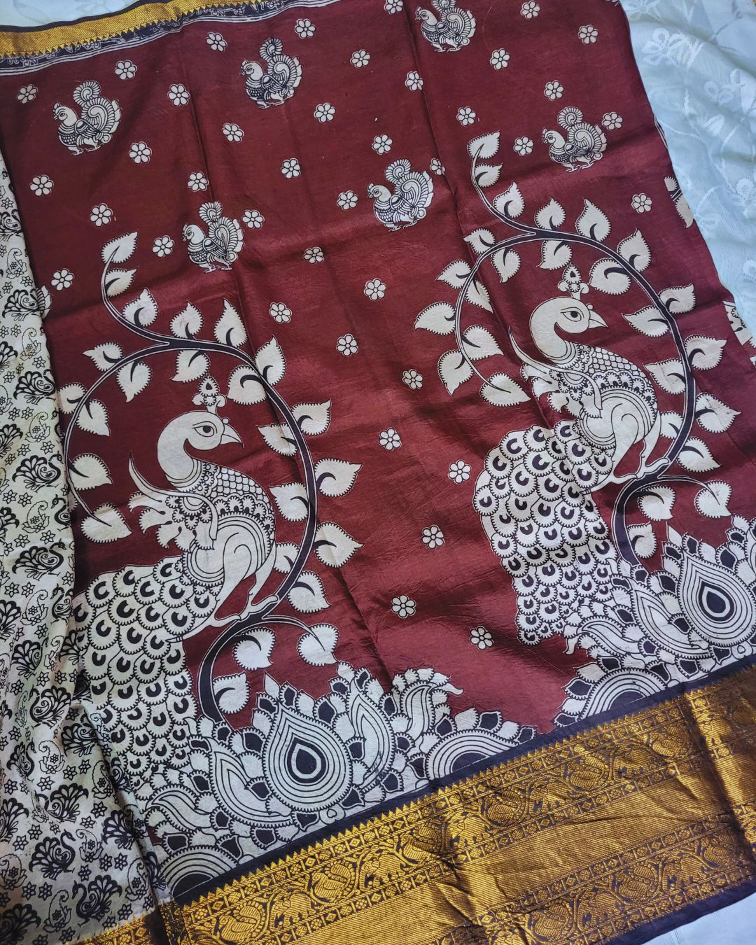 Kalamkari Chennur silk 7 Inch Kanchi border saree - Coffee Peacock