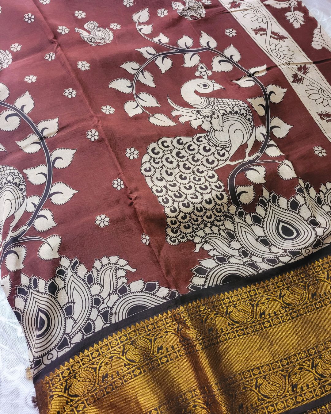 Kalamkari Chennur silk 7 Inch Kanchi border saree - Coffee Peacock