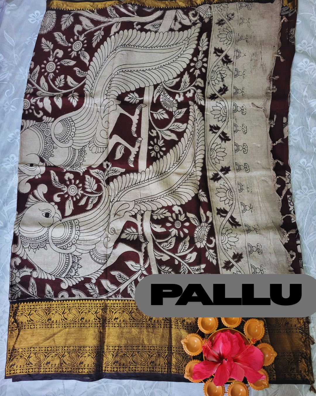 Kalamkari Chennur silk 7 Inch Kanchi border saree - Coffee Peacock