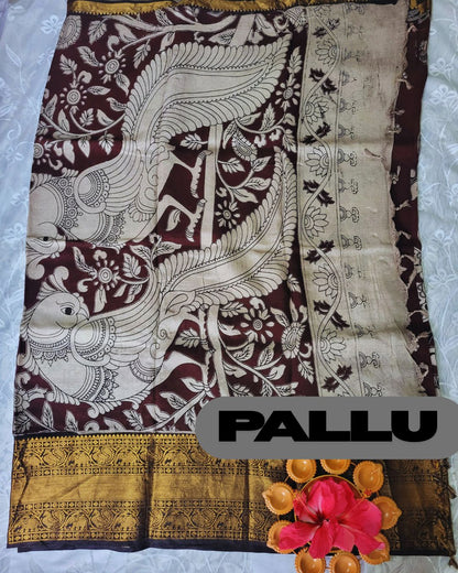 Kalamkari Chennur silk 7 Inch Kanchi border saree - Coffee Peacock