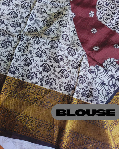 Kalamkari Chennur silk 7 Inch Kanchi border saree - Coffee Peacock