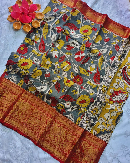 Kalamkari Chennur silk 7 Inch Kanchi border saree - Grey and Red