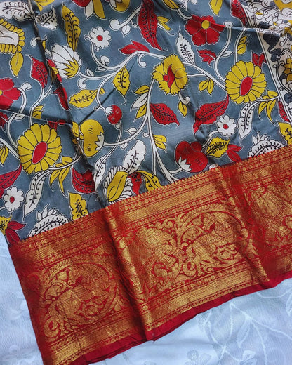 Kalamkari Chennur silk 7 Inch Kanchi border saree - Grey and Red