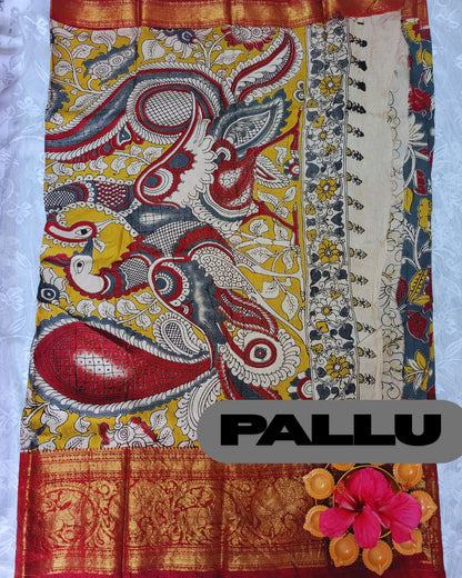Kalamkari Chennur silk 7 Inch Kanchi border saree - Grey and Red