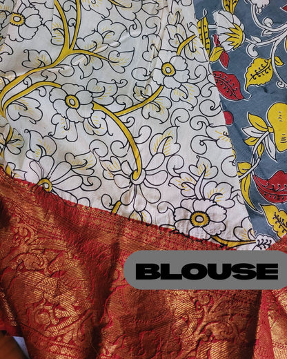 Kalamkari Chennur silk 7 Inch Kanchi border saree - Grey and Red