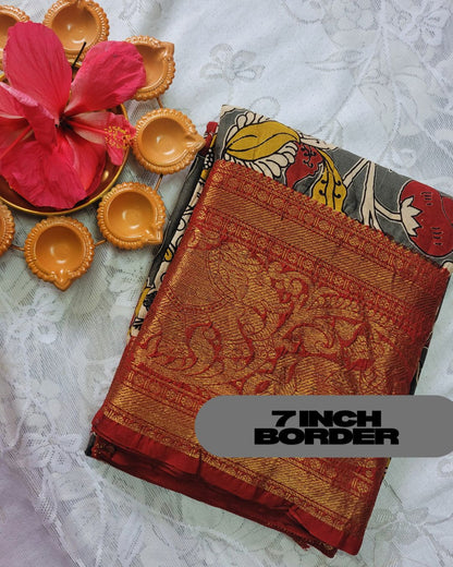 Kalamkari Chennur silk 7 Inch Kanchi border saree - Grey and Red