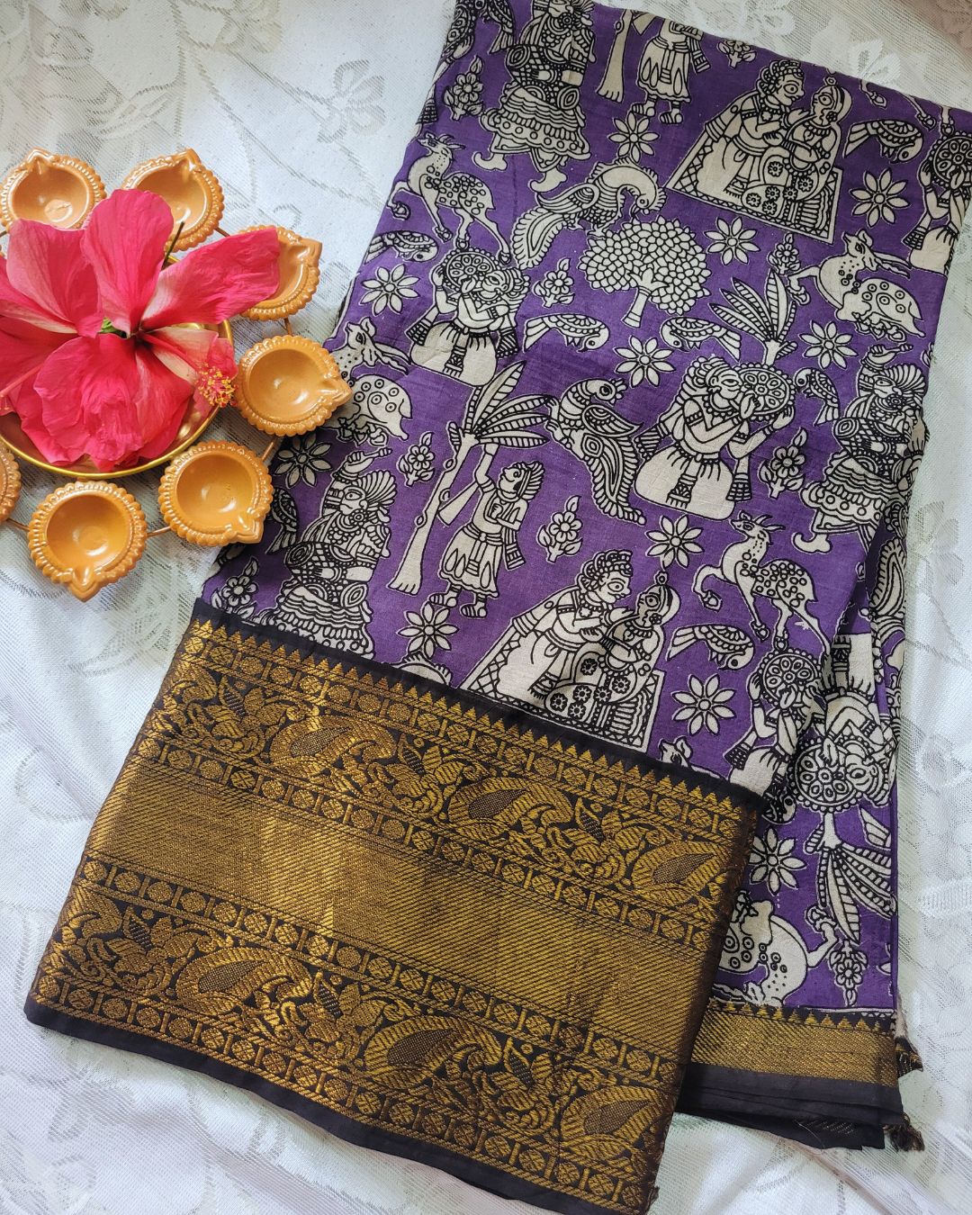 Kalamkari Chennur silk 7 Inch Kanchi border saree - Purple Village