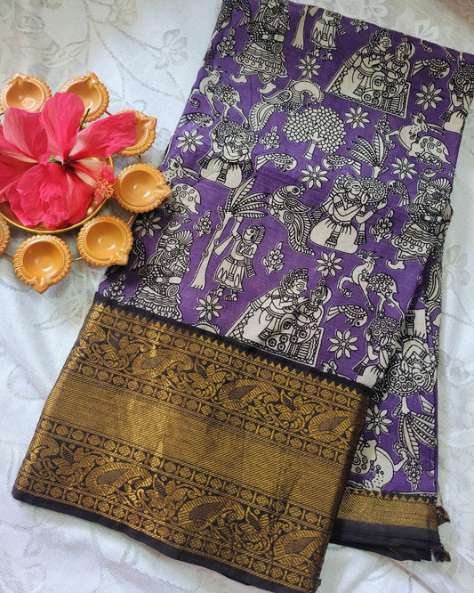 Kalamkari Chennur silk 7 Inch Kanchi border saree - Purple Village