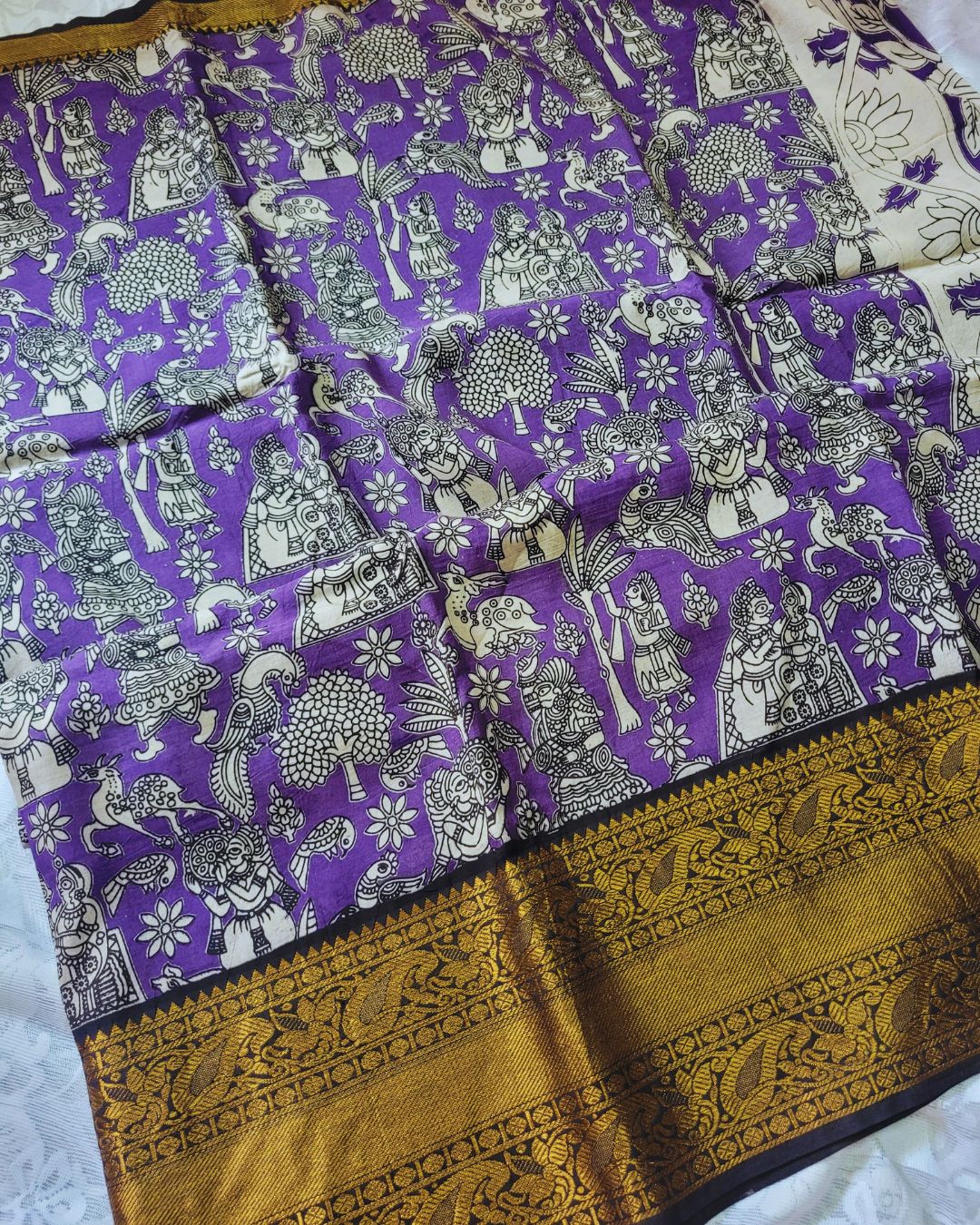 Kalamkari Chennur silk 7 Inch Kanchi border saree - Purple Village