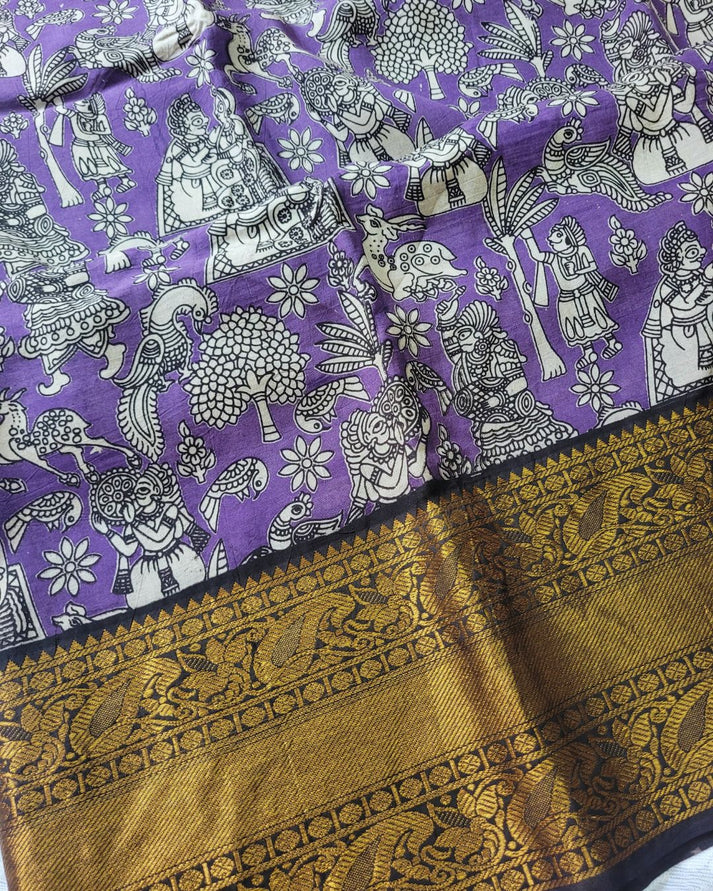 Kalamkari Chennur silk 7 Inch Kanchi border saree - Purple Village