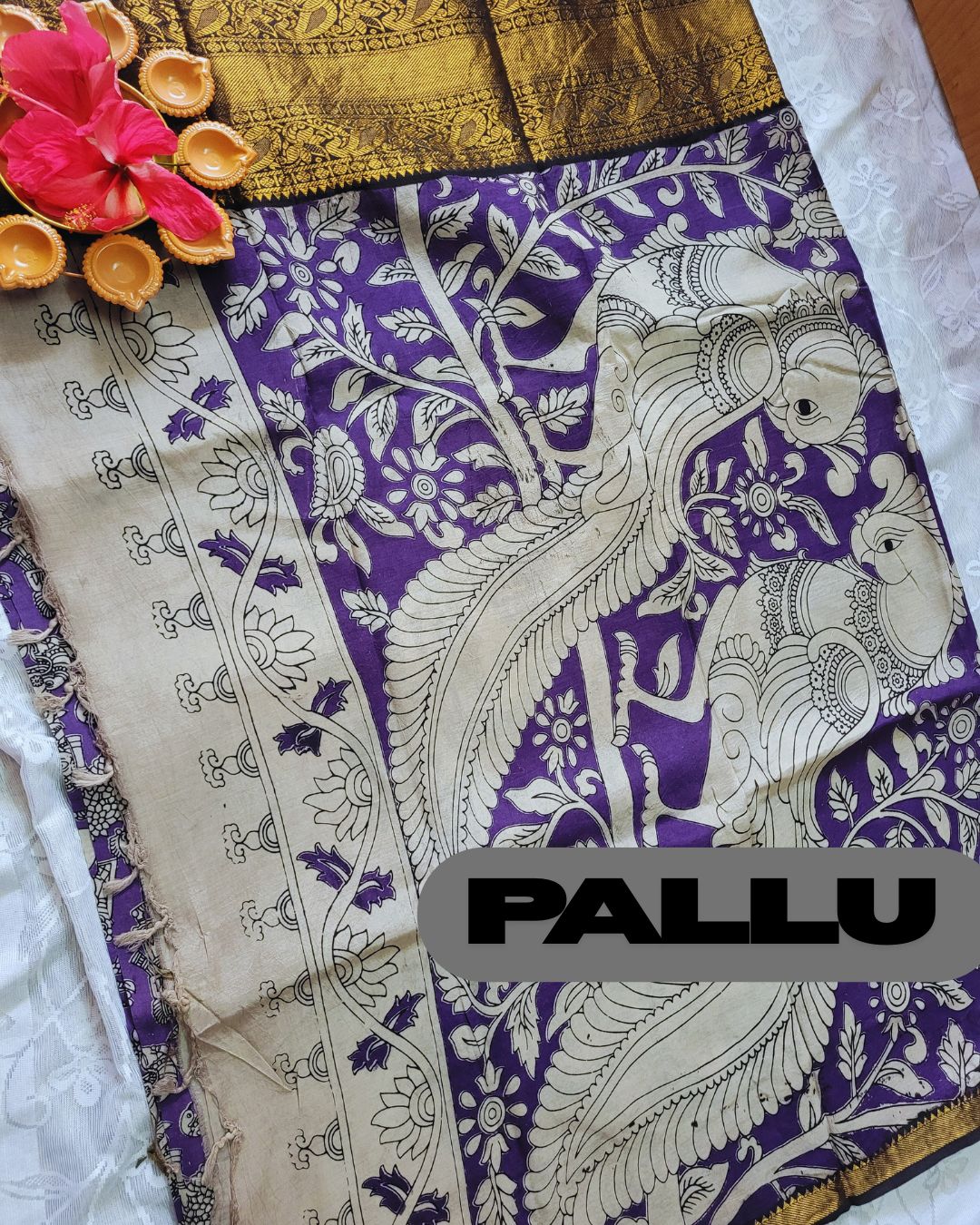 Kalamkari Chennur silk 7 Inch Kanchi border saree - Purple Village