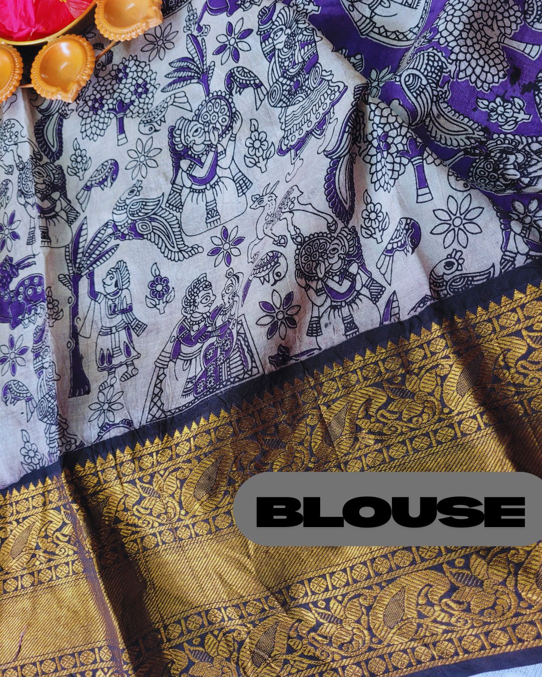 Kalamkari Chennur silk 7 Inch Kanchi border saree - Purple Village