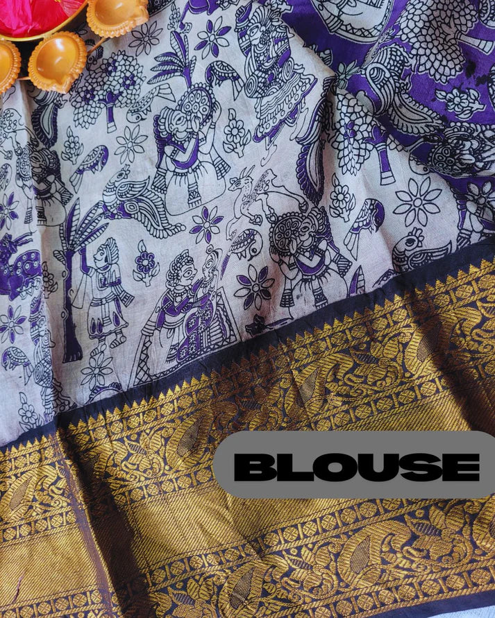 Kalamkari Chennur silk 7 Inch Kanchi border saree - Purple Village
