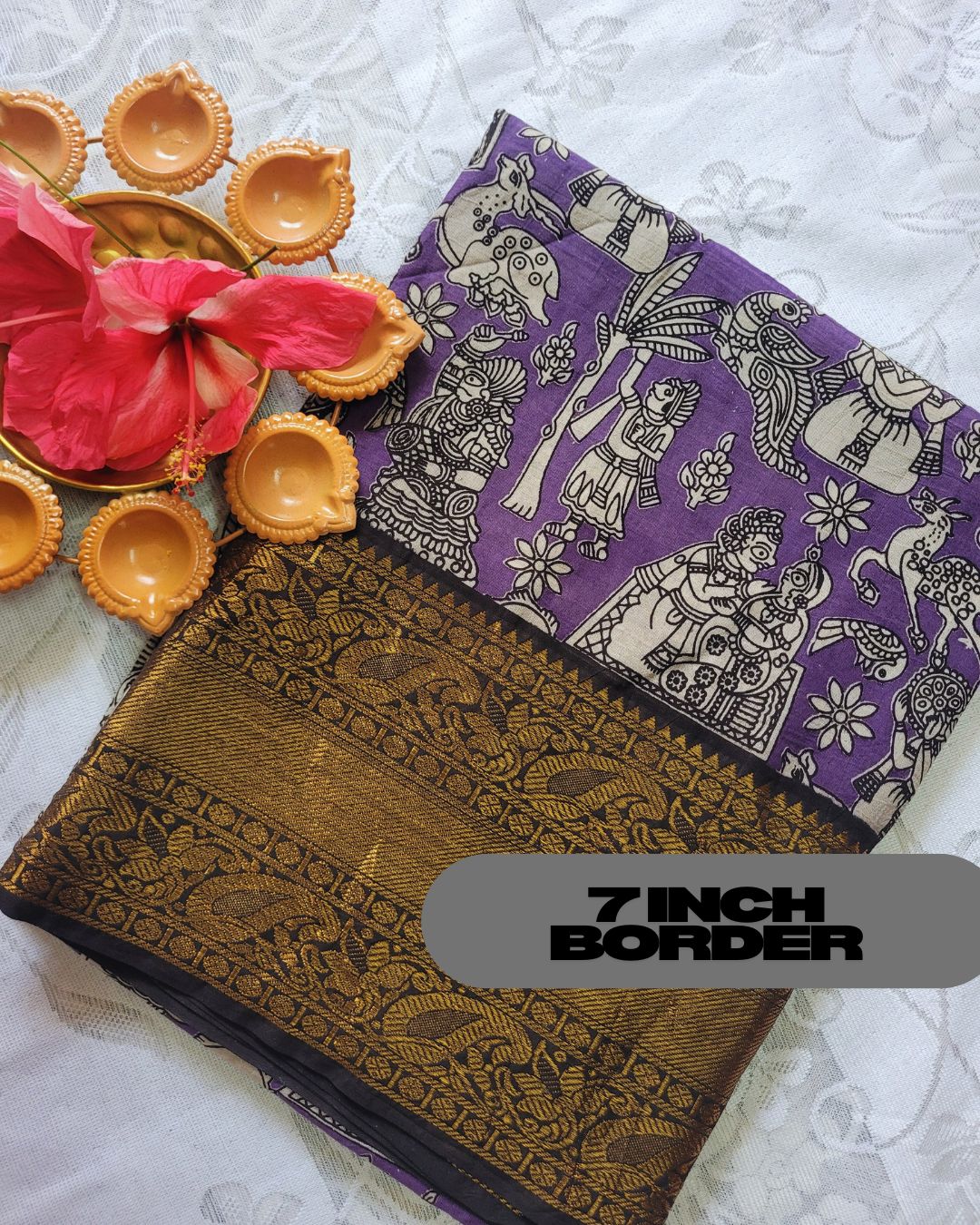 Kalamkari Chennur silk 7 Inch Kanchi border saree - Purple Village