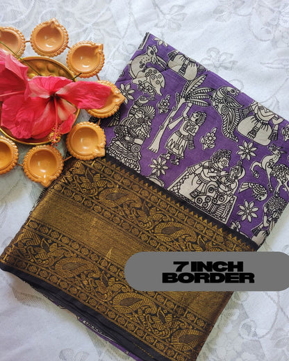 Kalamkari Chennur silk 7 Inch Kanchi border saree - Purple Village