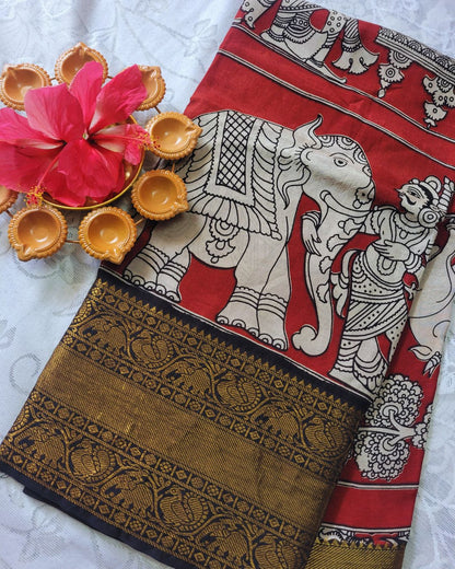 Kalamkari Chennur silk 7 Inch Kanchi border saree - Red Gatha