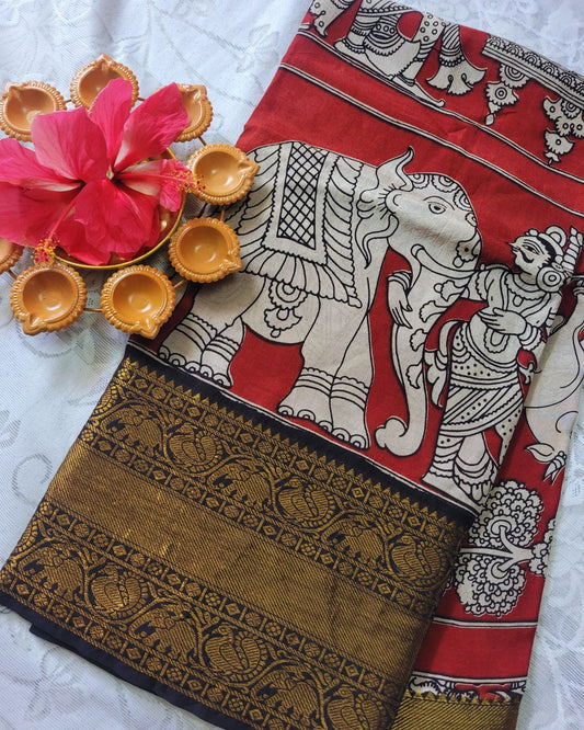 Kalamkari Chennur silk 7 Inch Kanchi border saree - Red Gatha