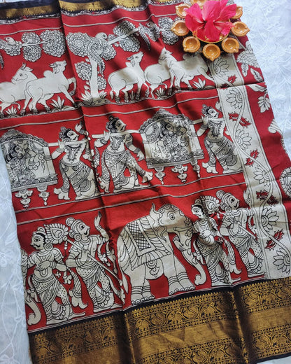 Kalamkari Chennur silk 7 Inch Kanchi border saree - Red Gatha