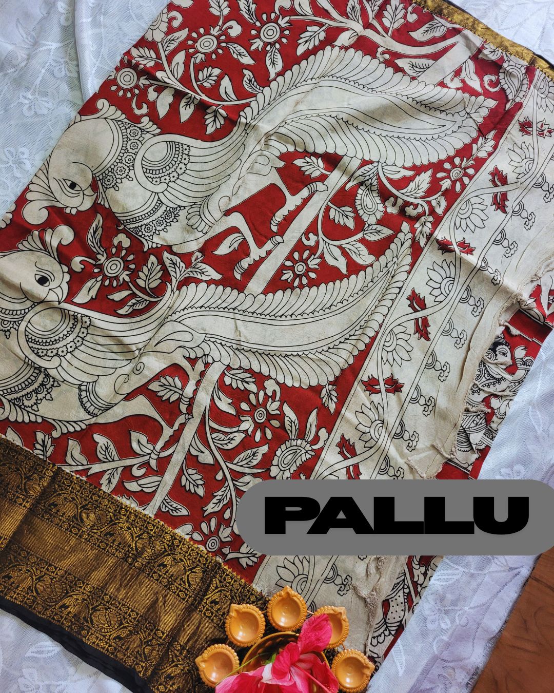 Kalamkari Chennur silk 7 Inch Kanchi border saree - Red Gatha