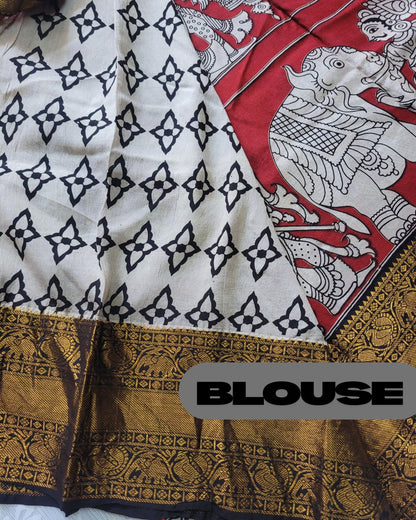 Kalamkari Chennur silk 7 Inch Kanchi border saree - Red Gatha