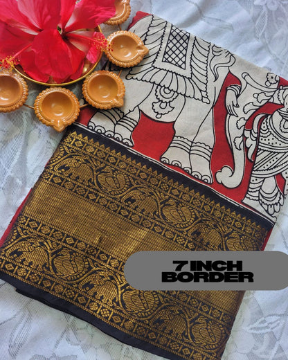 Kalamkari Chennur silk 7 Inch Kanchi border saree - Red Gatha