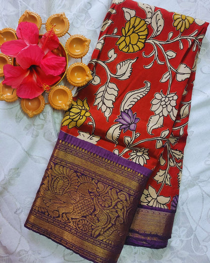 Kalamkari Chennur silk 7 Inch Kanchi border saree - Red & Purple