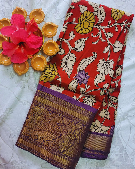 Kalamkari Chennur silk 7 Inch Kanchi border saree - Red & Purple