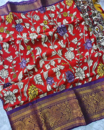 Kalamkari Chennur silk 7 Inch Kanchi border saree - Red & Purple