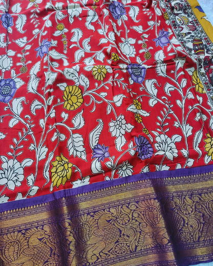 Kalamkari Chennur silk 7 Inch Kanchi border saree - Red & Purple